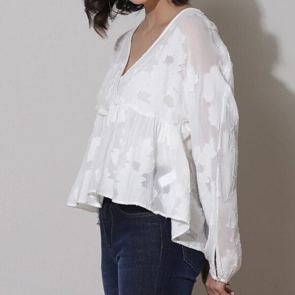 Wilfred Augustine Blouse Ruffled Peplum Cropped Sheer Floral Blouse Coquette - Picture 2 of 16